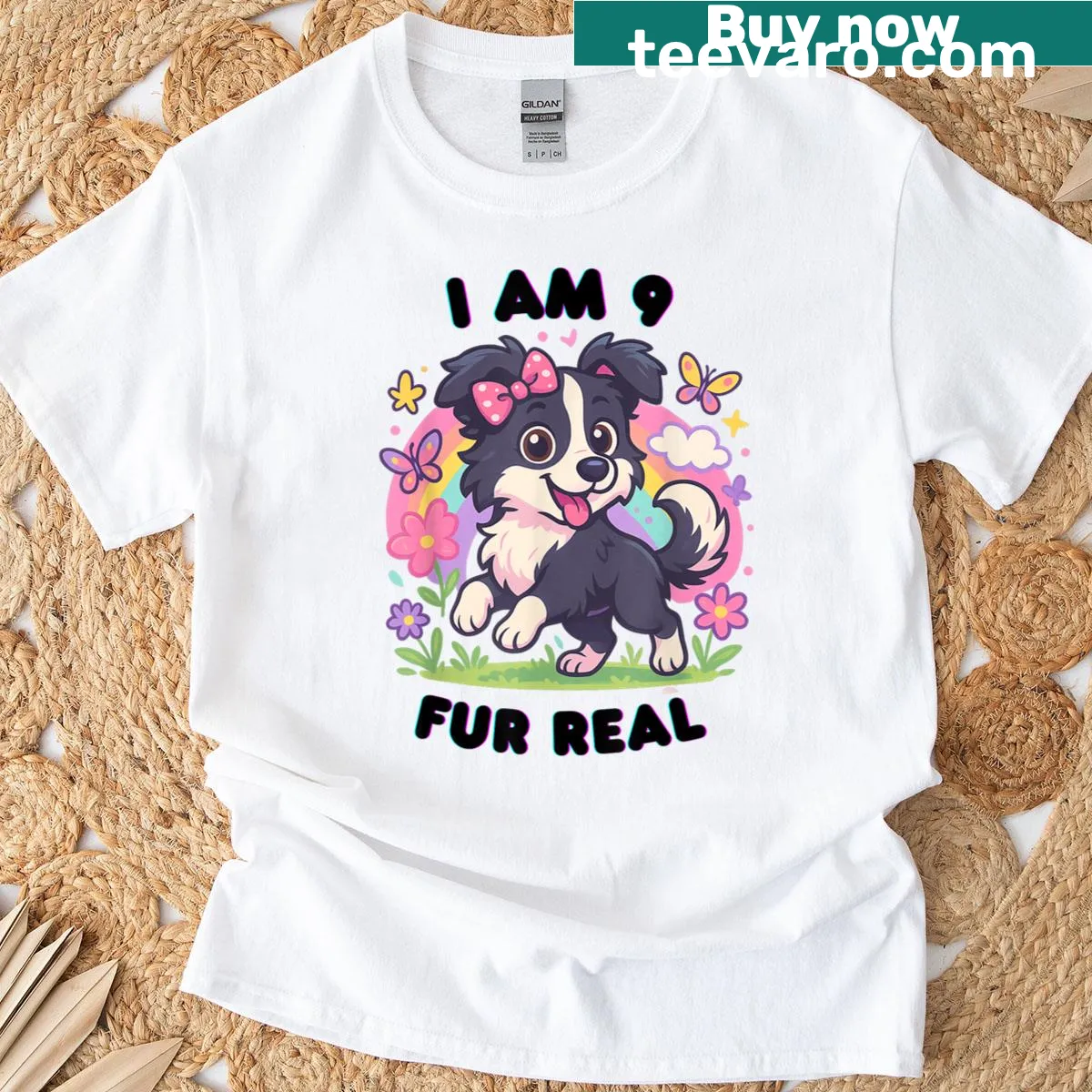 Cute puppy birthday T-shirt with a playful rainbow graphic — on a men's t-shirt