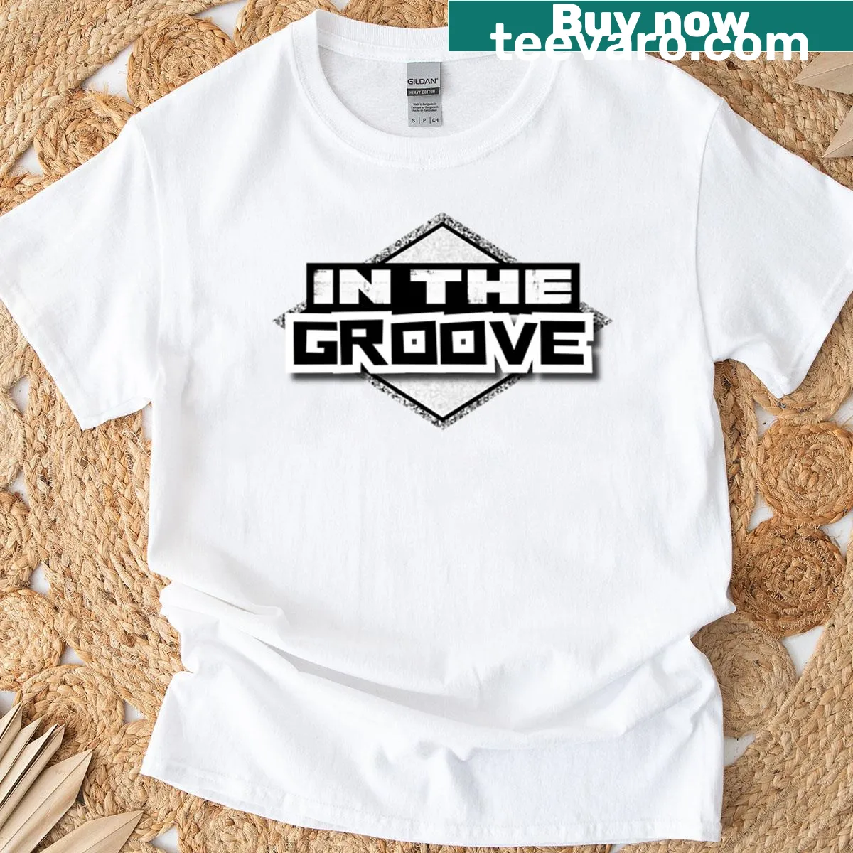 T-shirt featuring the In The Groove zine logo design — on a men's t-shirt
