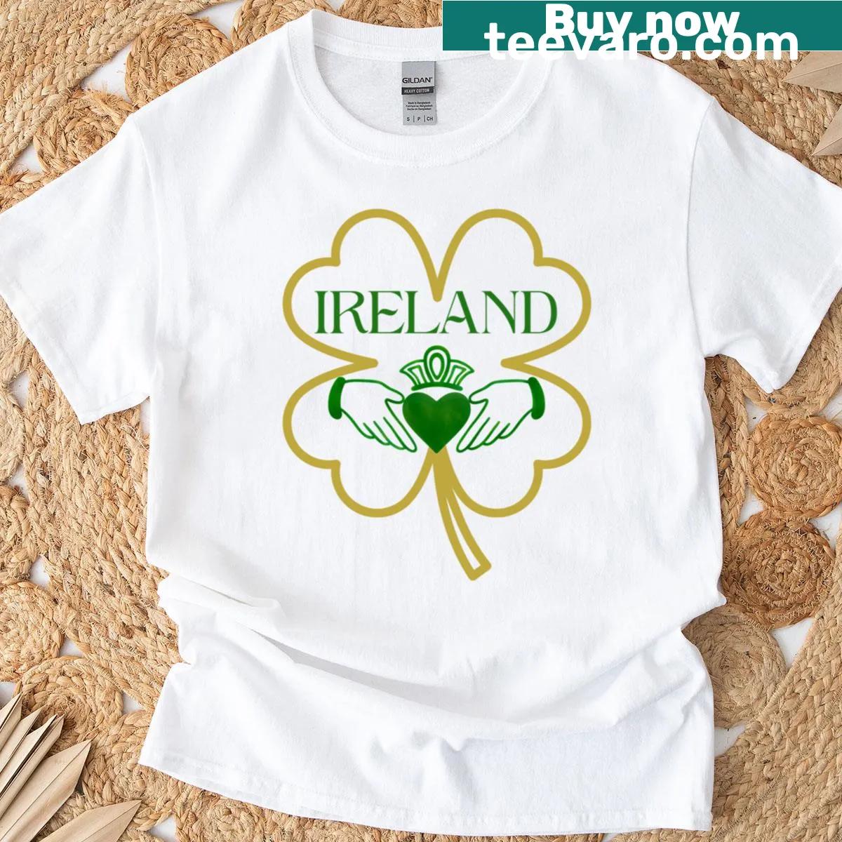 Ireland T-shirt featuring Claddagh and shamrock design — on a men's t-shirt