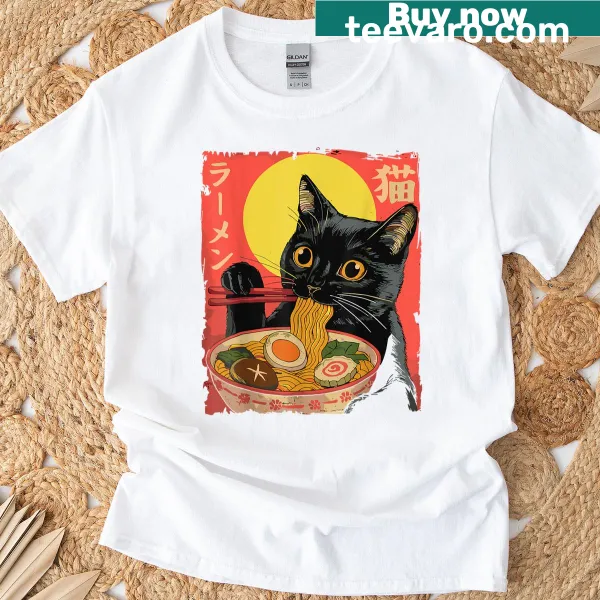 Kawaii cat graphic enjoying a bowl of ramen on a t-shirt