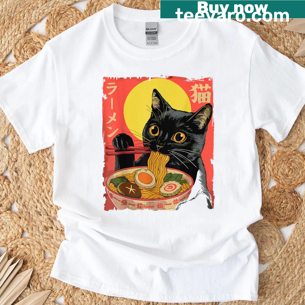 Kawaii cat graphic enjoying a bowl of ramen on a t-shirt — on a men's t-shirt