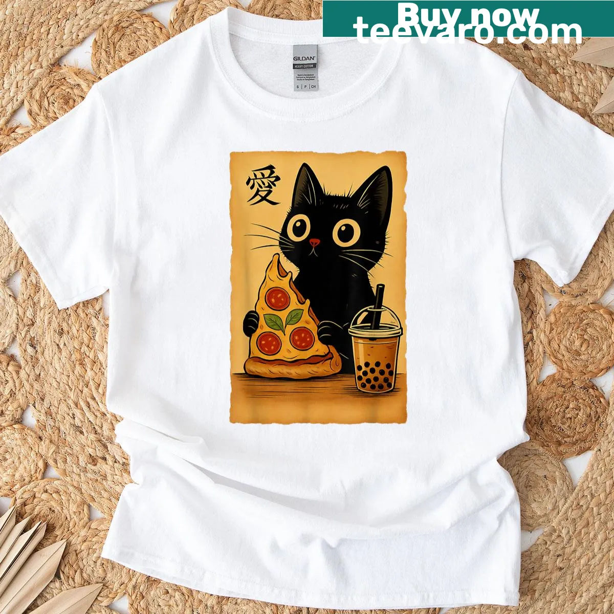 Kawaii cat eating pizza with booba tea graphic t-shirt — on a men's t-shirt
