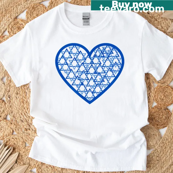 Illustration of Jewish star surrounded by hearts on a t-shirt