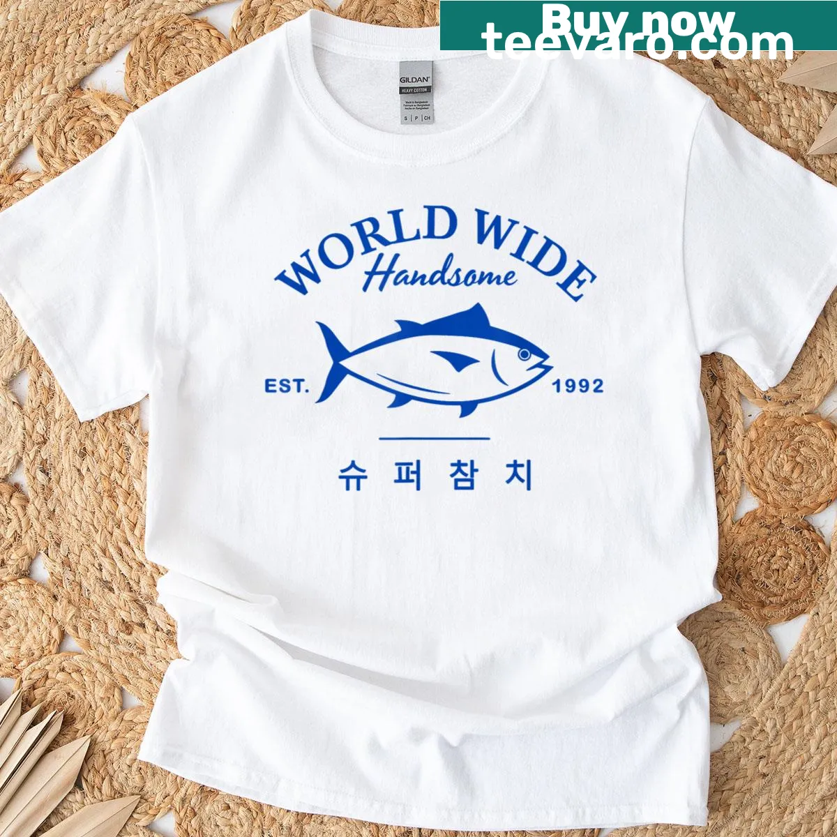 Funny T-shirt featuring a tuna fish and Super Tuna phrase inspired by K-pop — on a men's t-shirt
