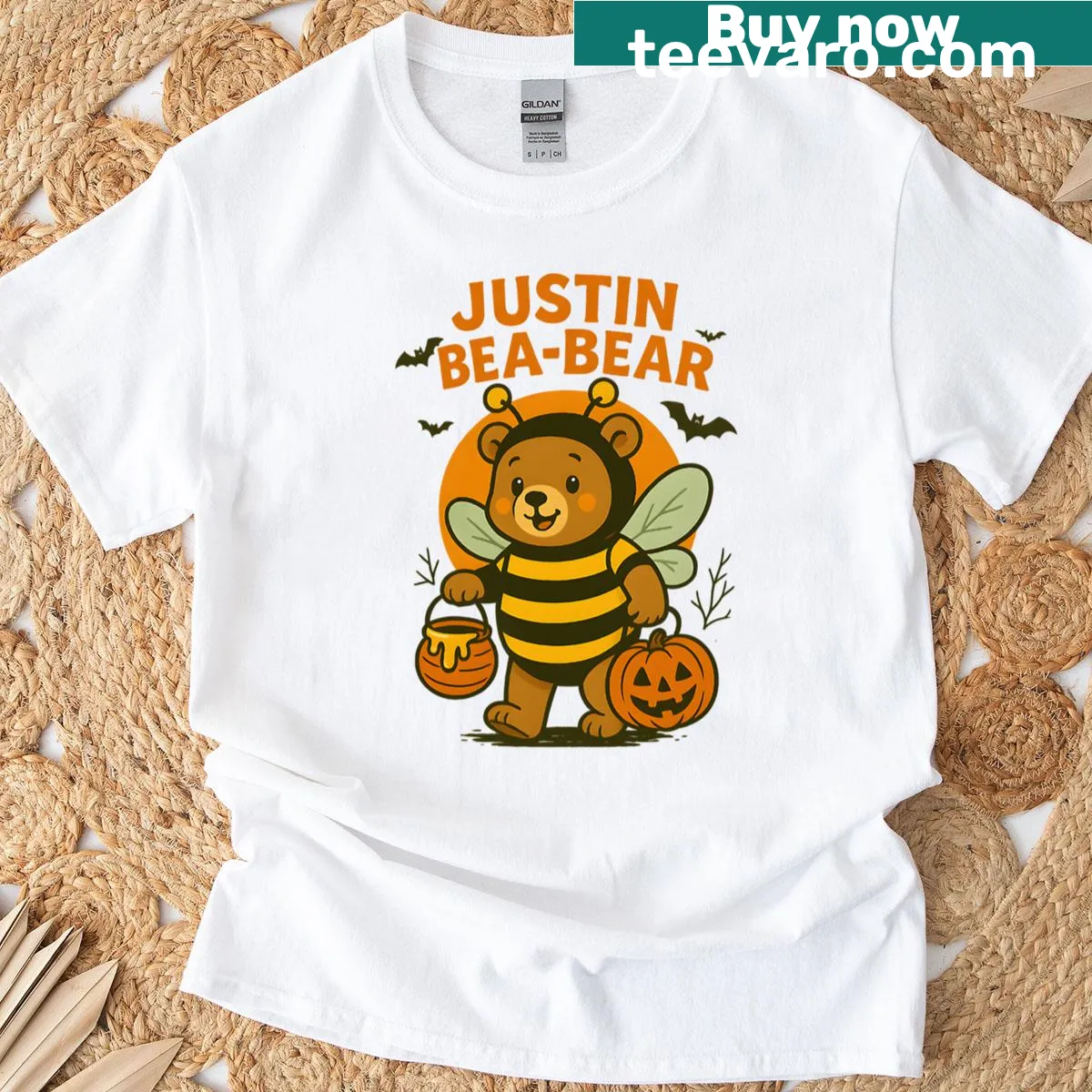 Adorable bear in bee costume graphic on a Halloween t-shirt — on a men's t-shirt