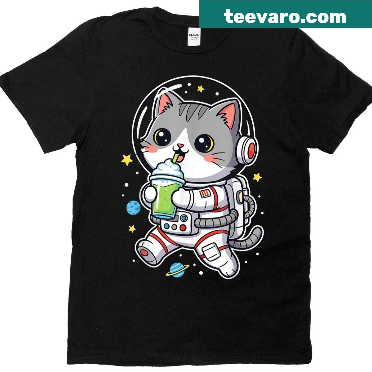 Cute astronaut cat drinking slushy in space T-shirt design — on a men's t-shirt