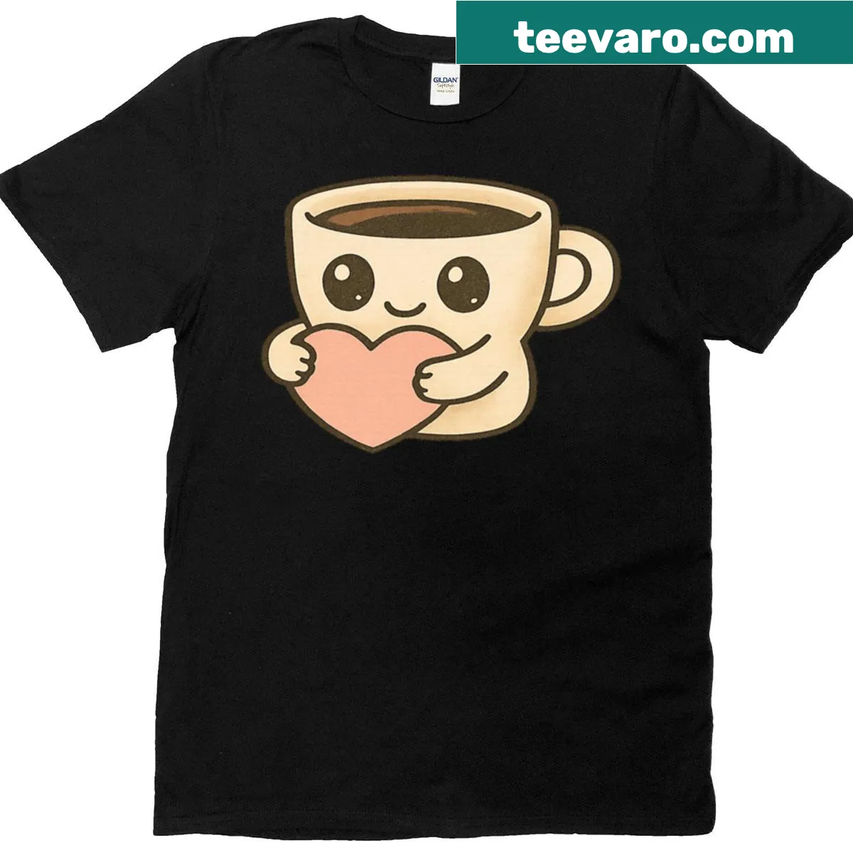 Cute T-shirt with a kawaii coffee cup hugging design. — on a men's t-shirt