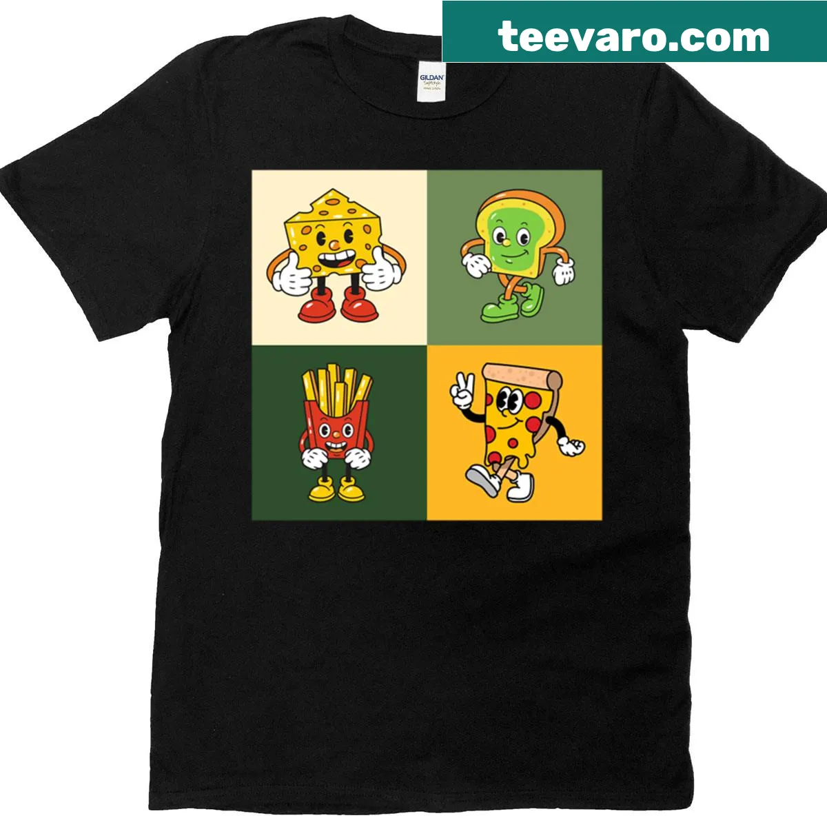 Kawaii food illustrations of pizza, fries, and bread on a T-shirt — on a men's t-shirt