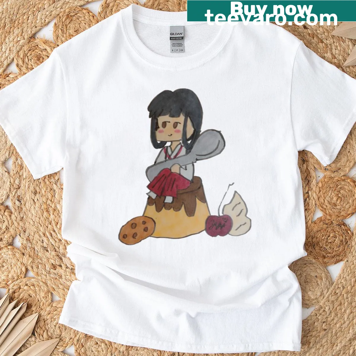 Cute flan character illustration on a playful t-shirt — on a men's t-shirt