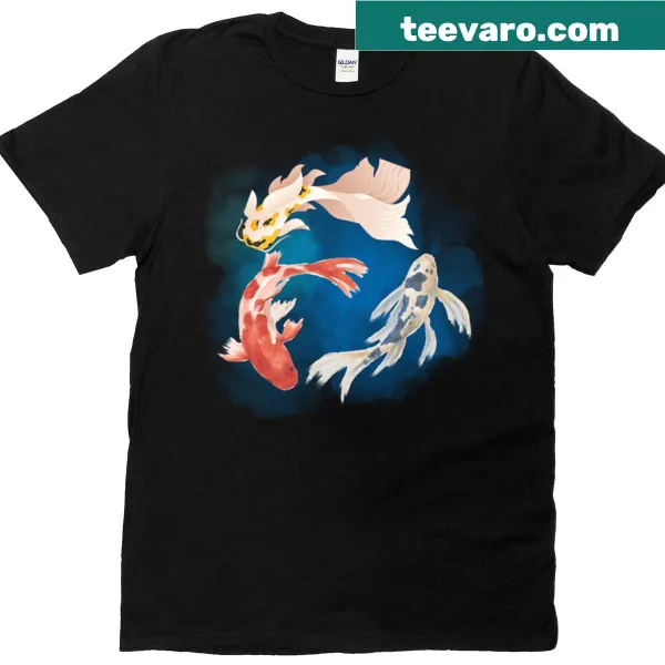 Illustrated T-shirt featuring three koi fish swimming.