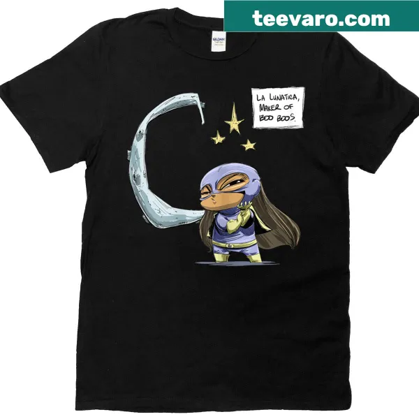 Illustrated T-shirt featuring La Lunatica, a female wrestler