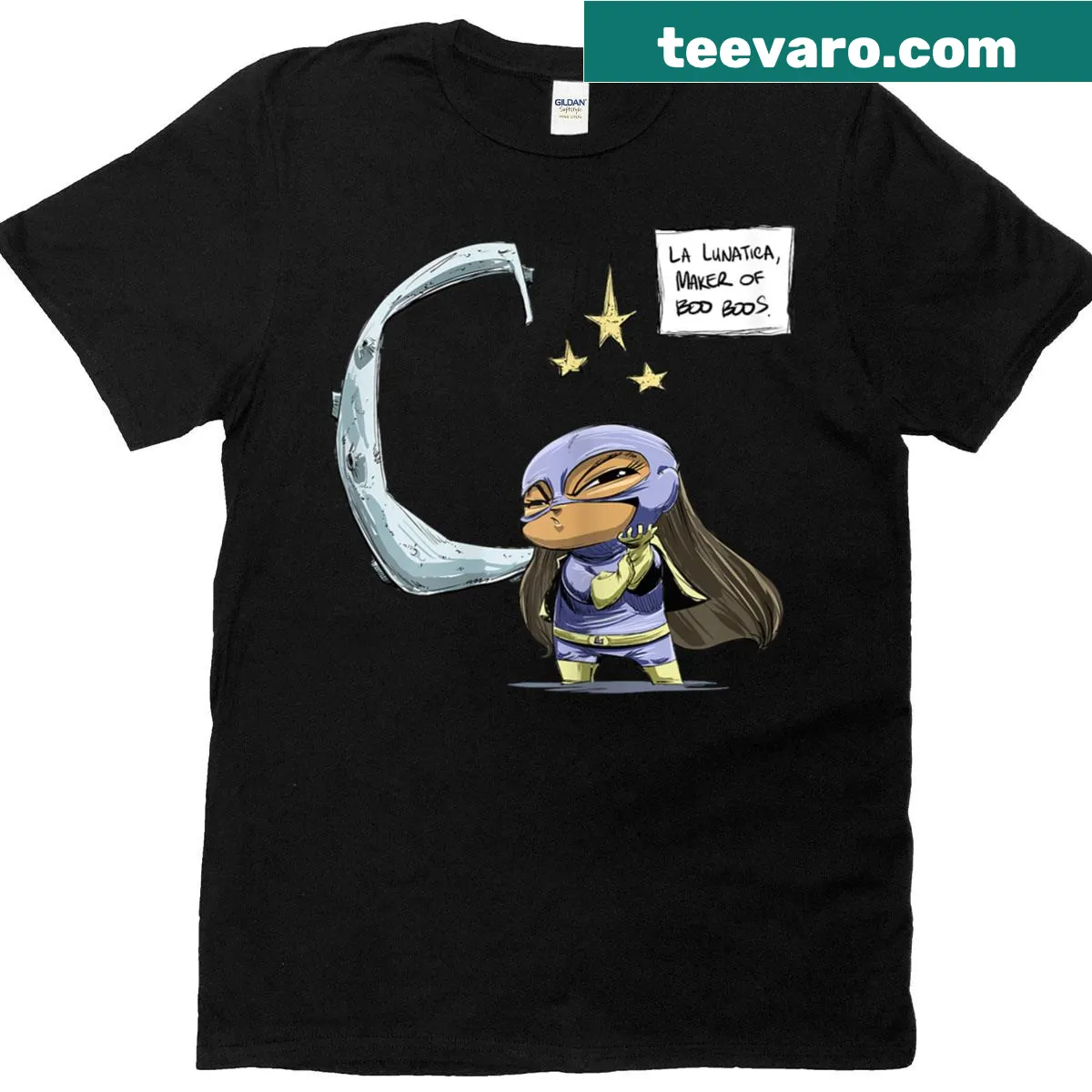 Illustrated T-shirt featuring La Lunatica, a female wrestler — on a men's t-shirt