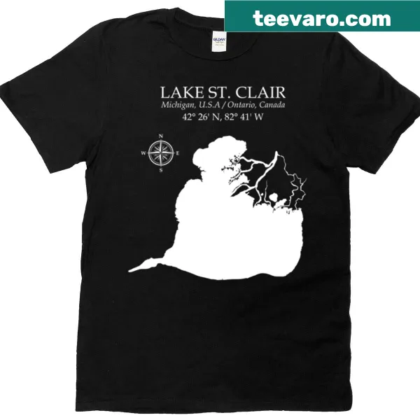 Illustrated Lake St Clair themed T-shirt with boating and fishing motifs