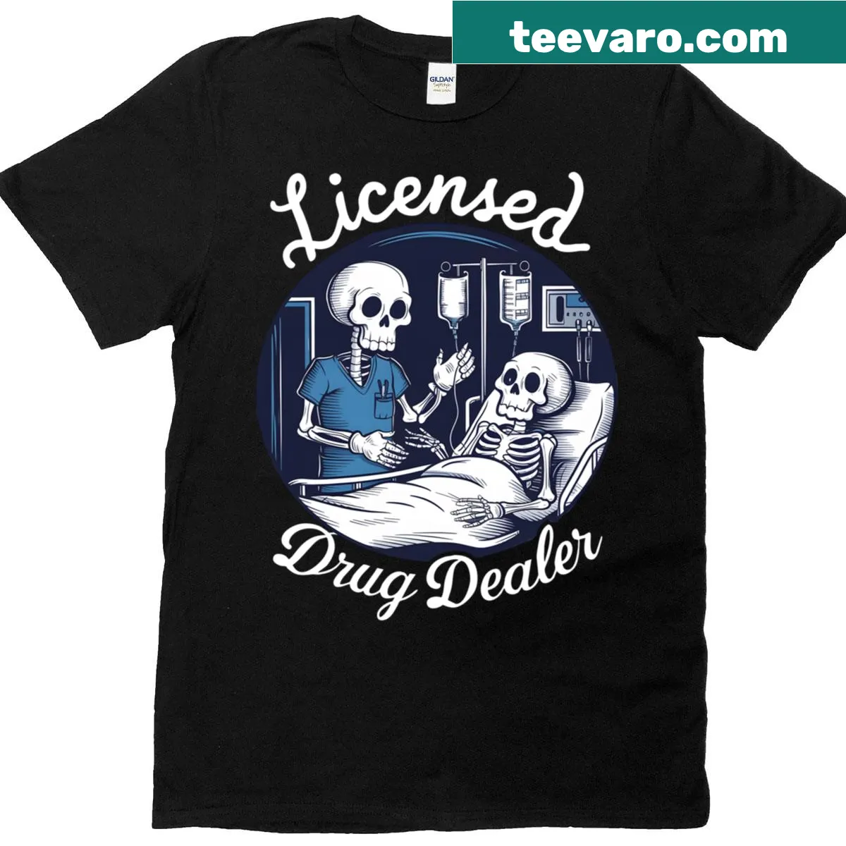 Humorous t-shirt for nurses featuring licensed drug dealer text — on a men's t-shirt