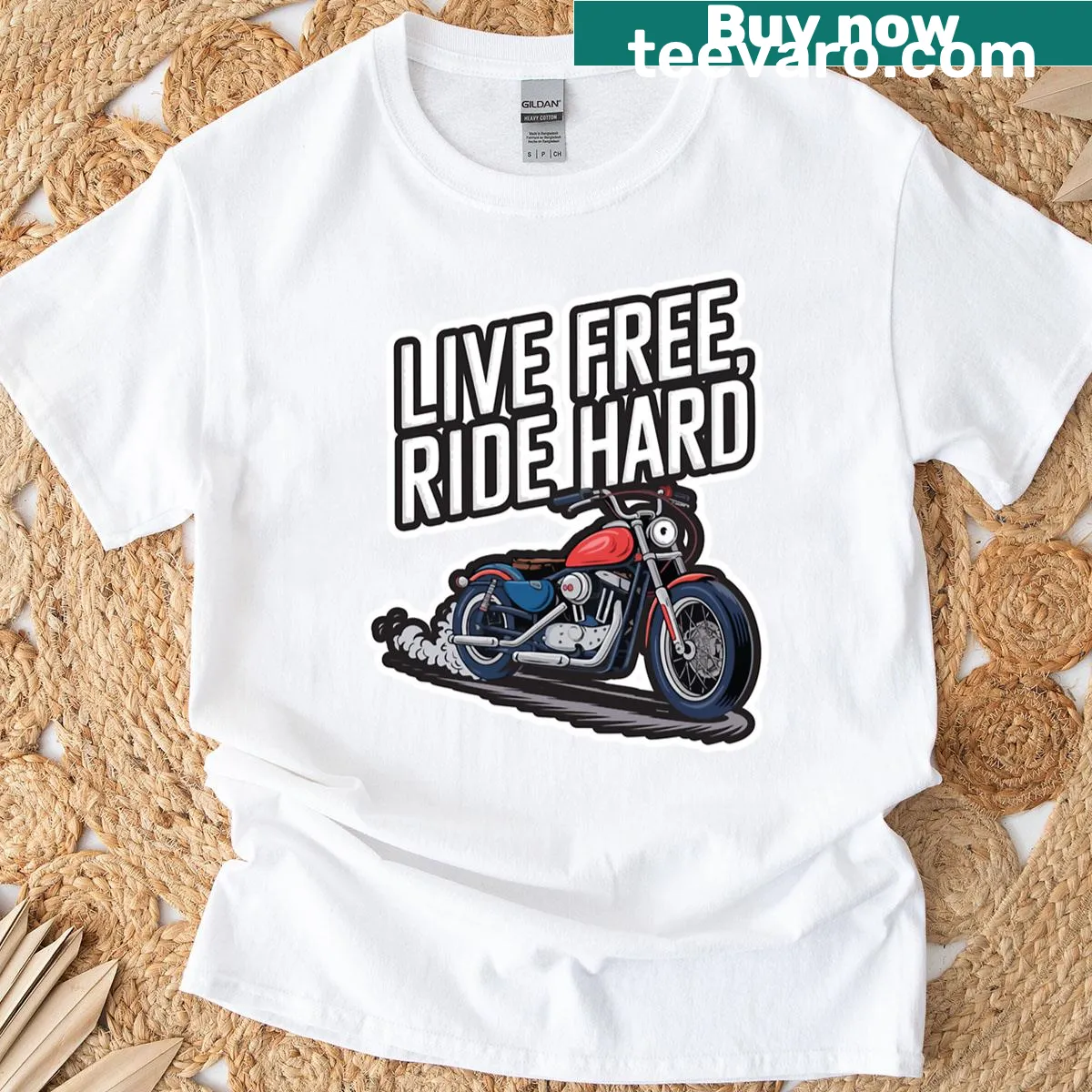 Bold motorcycle quote 'Live Free Ride Hard' graphic on T-shirt — on a men's t-shirt