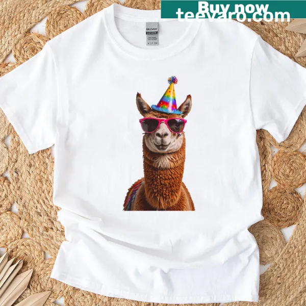 Cute llama birthday design with party hat and balloons