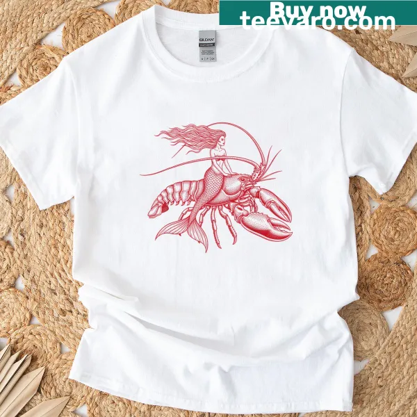 Illustrated lobster and coastal elements on a summer-themed t-shirt