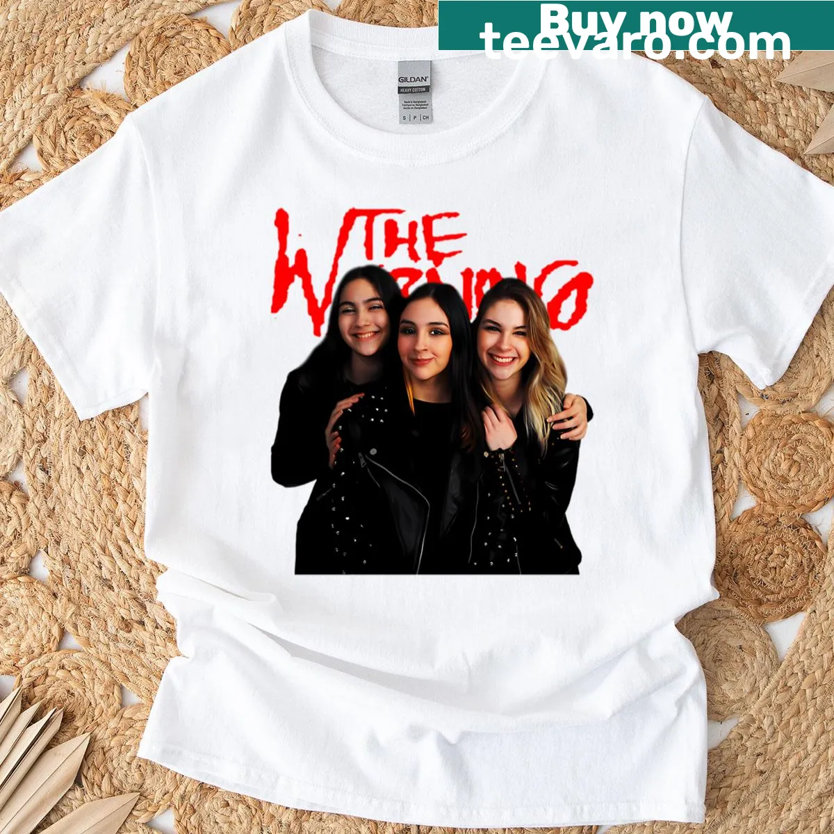 Dynamic illustration celebrating The Warning rock band on a t-shirt — on a men's t-shirt
