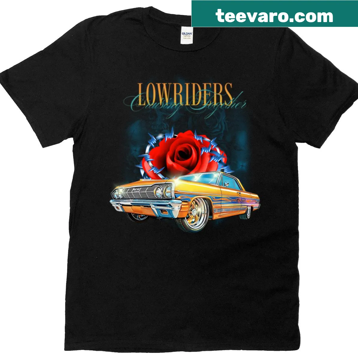 Vintage distressed T-shirt featuring detailed lowrider cars — on a men's t-shirt