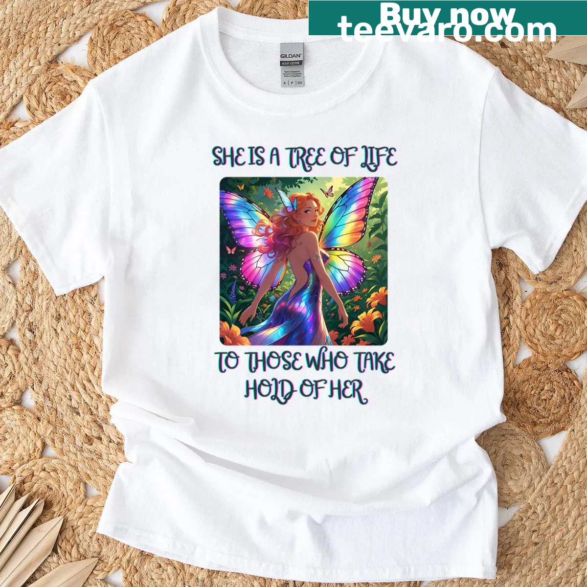 T-shirt featuring a whimsical butterfly fairy illustration — on a men's t-shirt