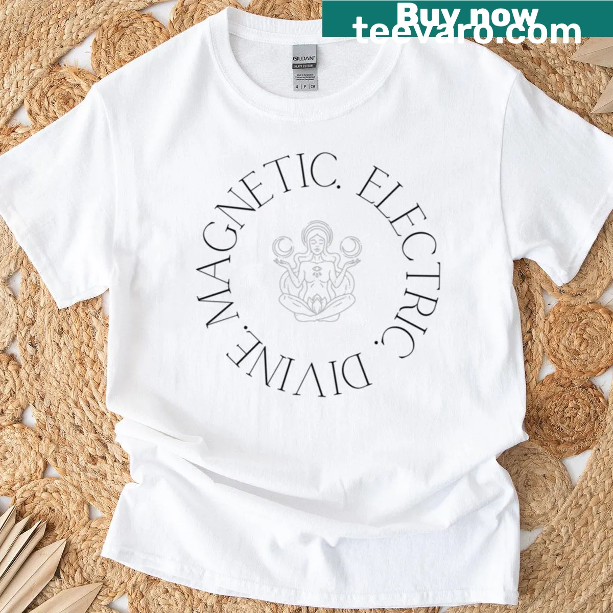 Stylish typography T-shirt with the phrase Magnetic Electric Divine — on a men's t-shirt