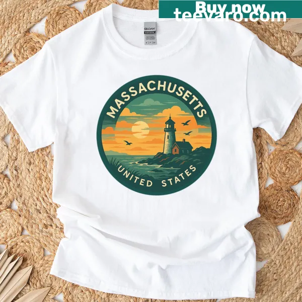 Vintage-style travel t-shirt celebrating Massachusetts with retro graphics
