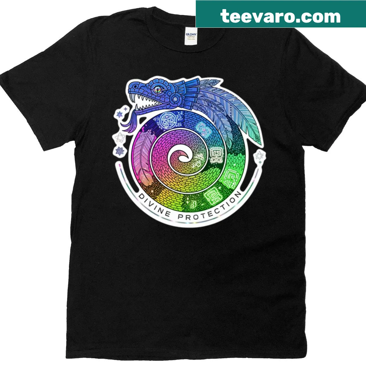 T-shirt featuring Mayan Kukulkan, the feathered serpent in illustration — on a men's t-shirt