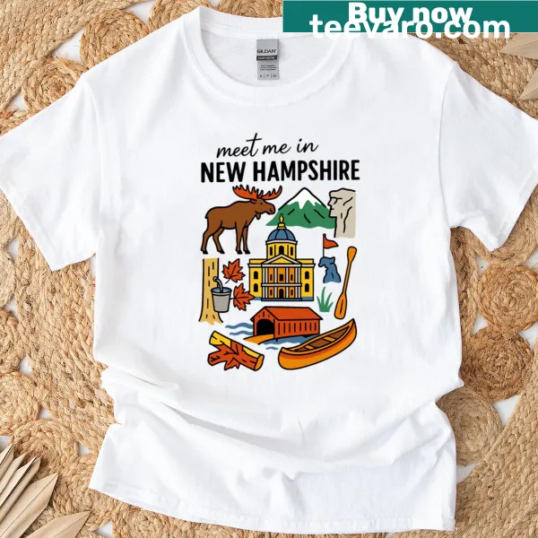 New Hampshire themed T-shirt with moose and covered bridge graphic