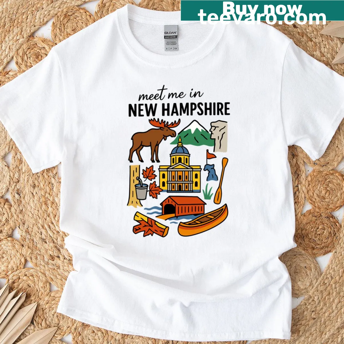 New Hampshire themed T-shirt with moose and covered bridge graphic — on a men's t-shirt