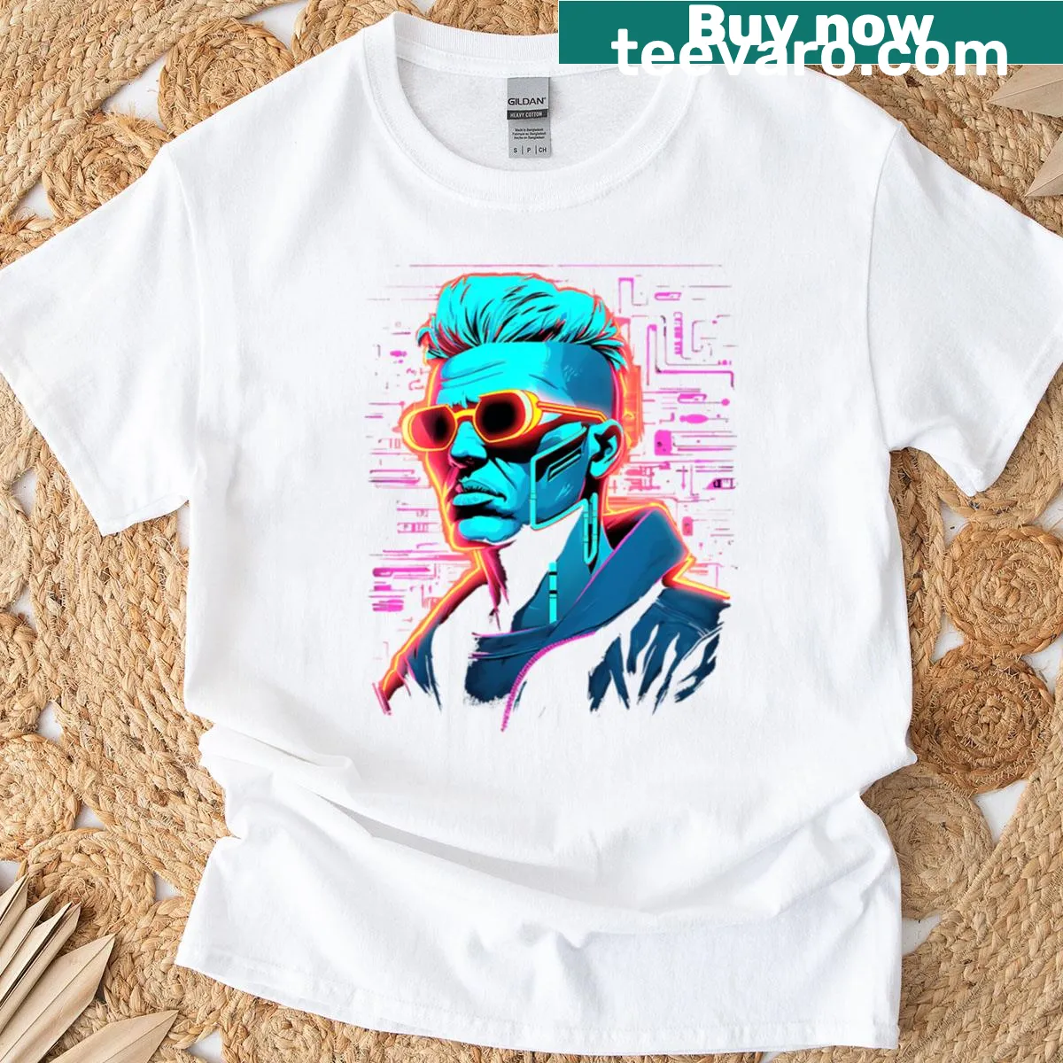 Futuristic Miami graphic T-shirt depicting the city in 2033 — on a men's t-shirt