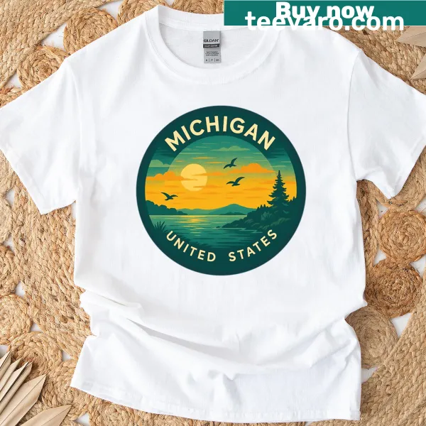 Vintage-style Michigan travel T-shirt with a distressed design.