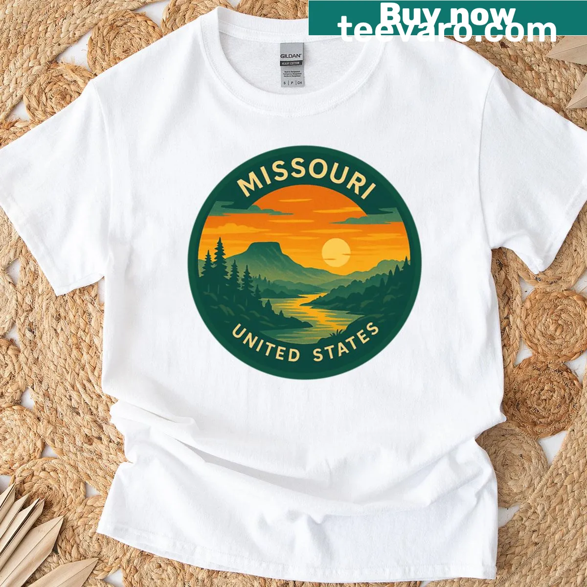 Vintage Missouri travel T-shirt featuring iconic symbols — on a men's t-shirt