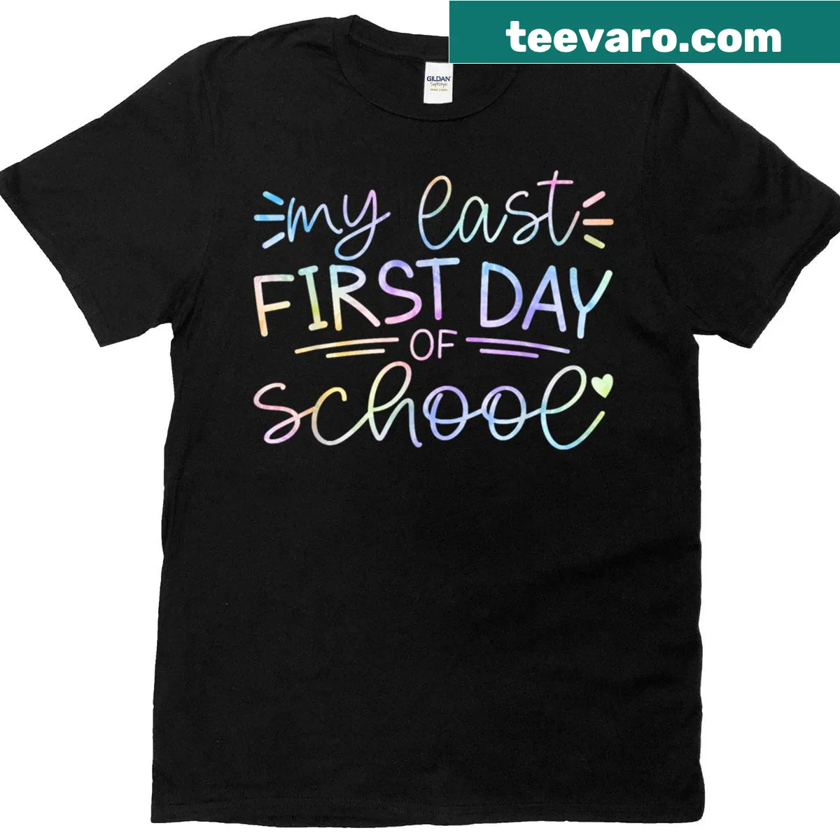 Teacher retirement shirt with 'My Last First Day Of School' text. — on a men's t-shirt