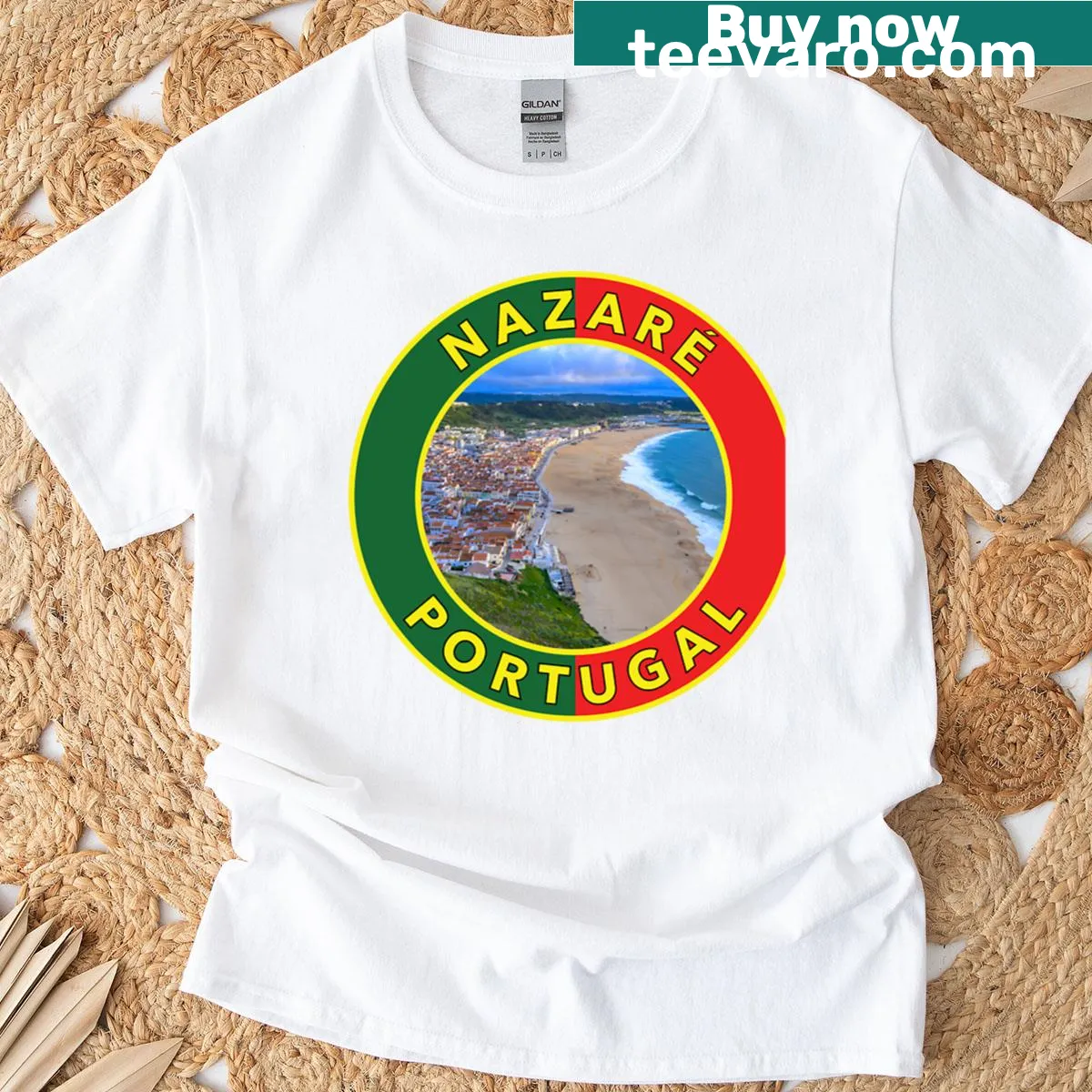Round emblem T-shirt featuring the Nazar amulet from Portugal — on a men's t-shirt