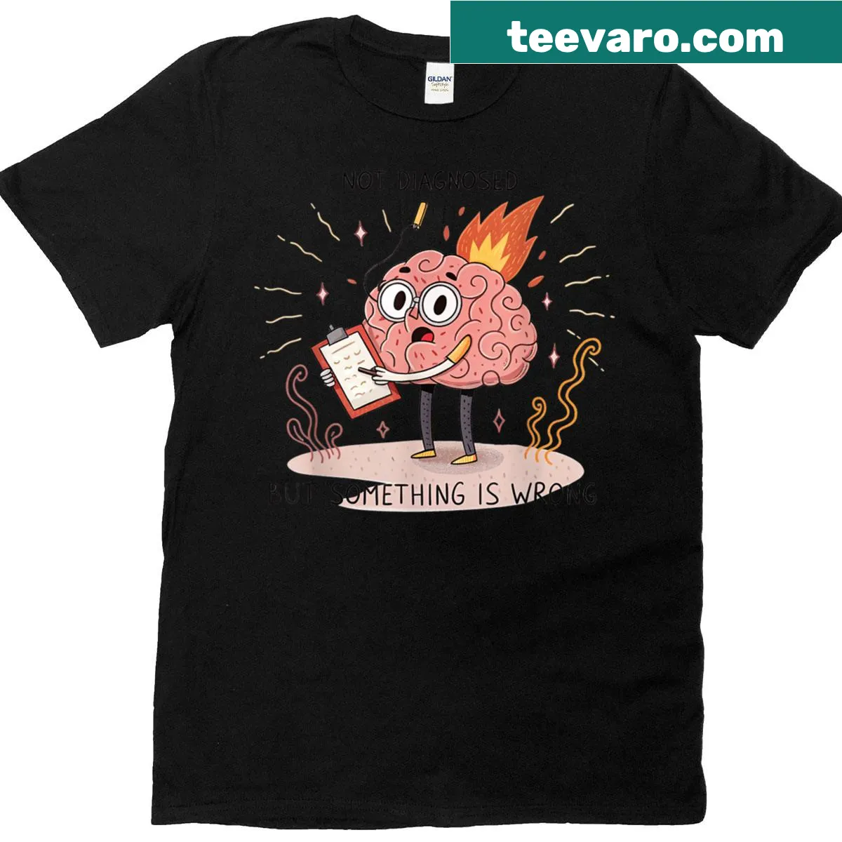 Illustrative mental health shirt featuring brain design and text — on a men's t-shirt