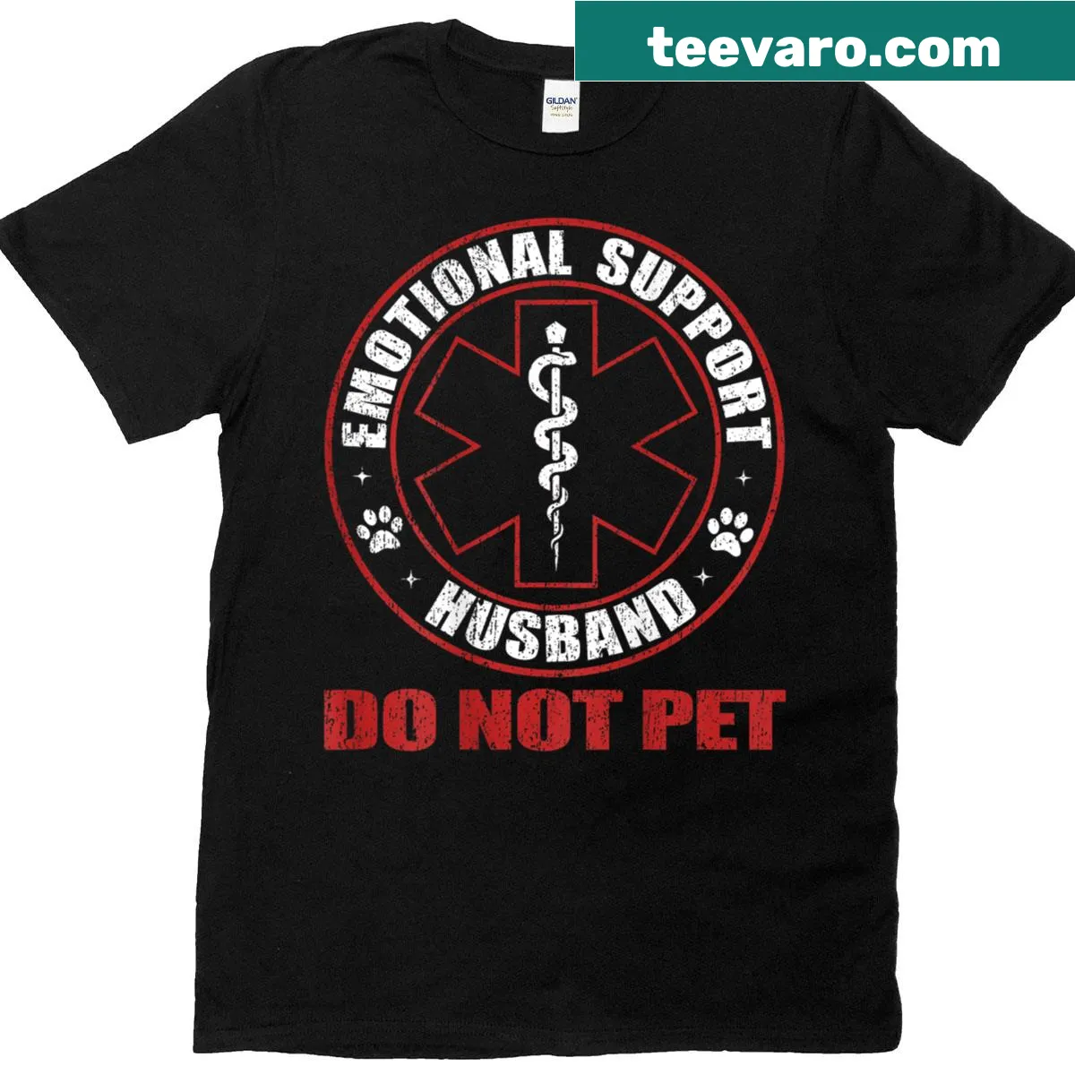 Funny couples T-shirt with 'Emotional Support Husband' graphic — on a men's t-shirt