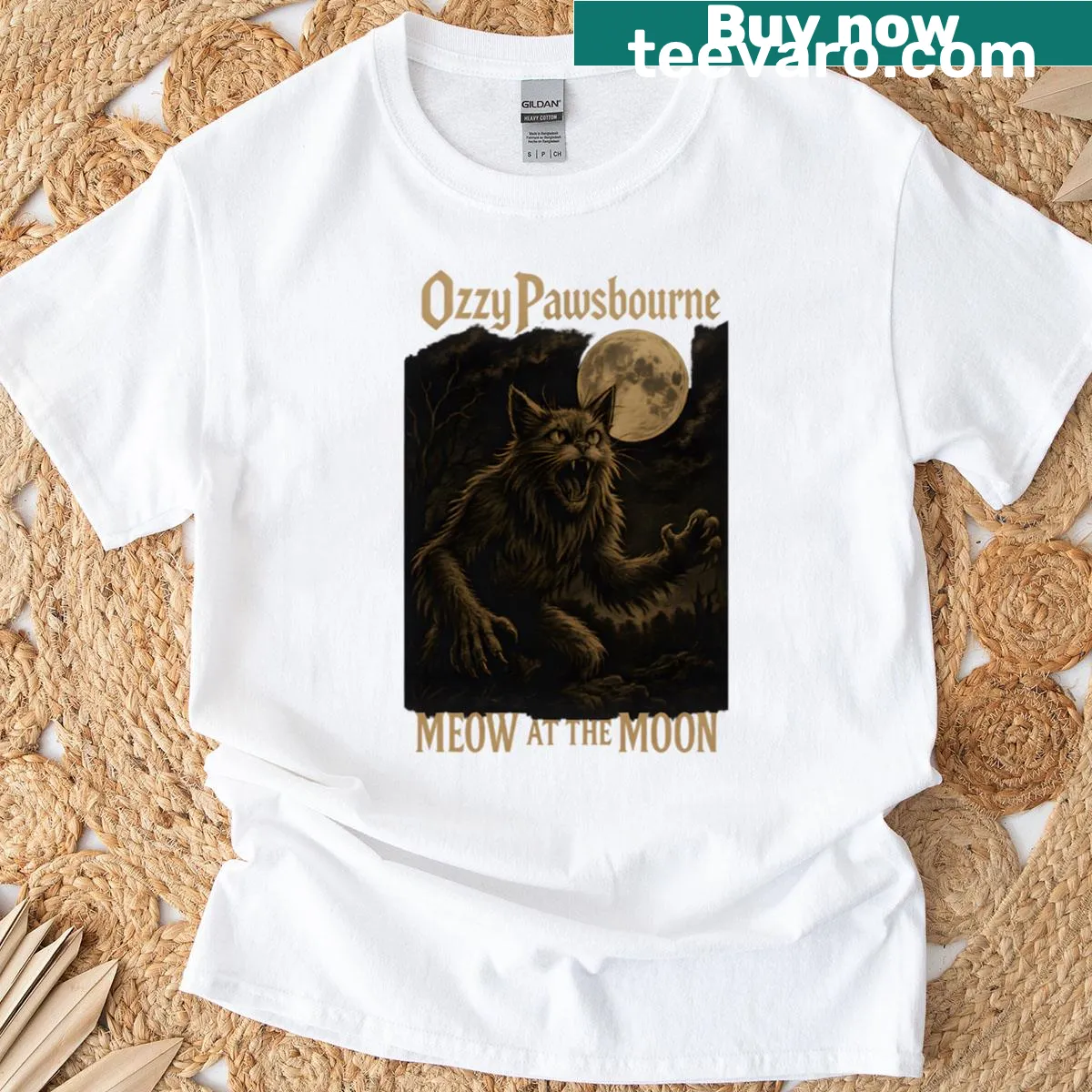 Vintage cat rock design t-shirt with a cat howling at the moon — on a men's t-shirt