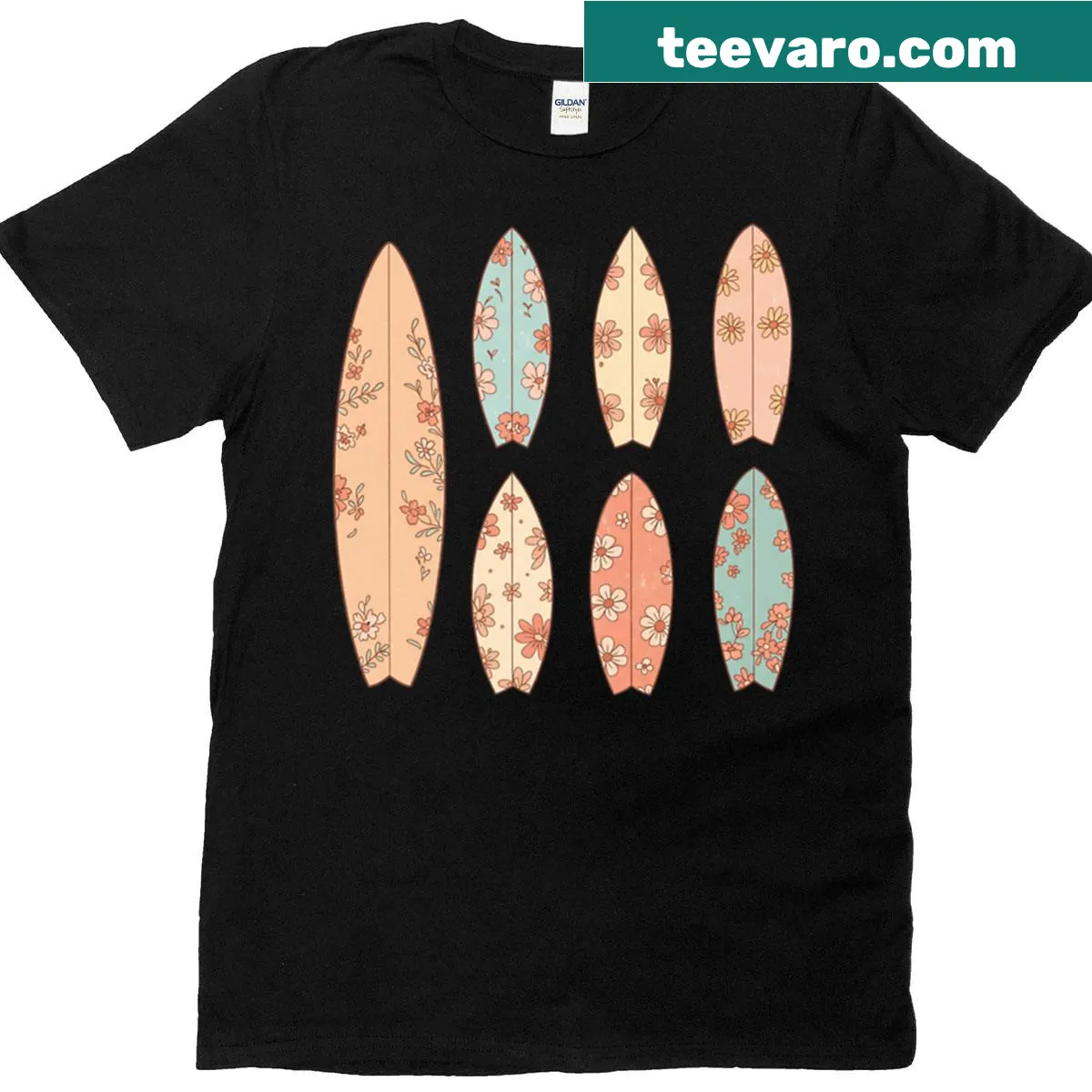 Surfboard adorned with pastel floral design — on a men's t-shirt