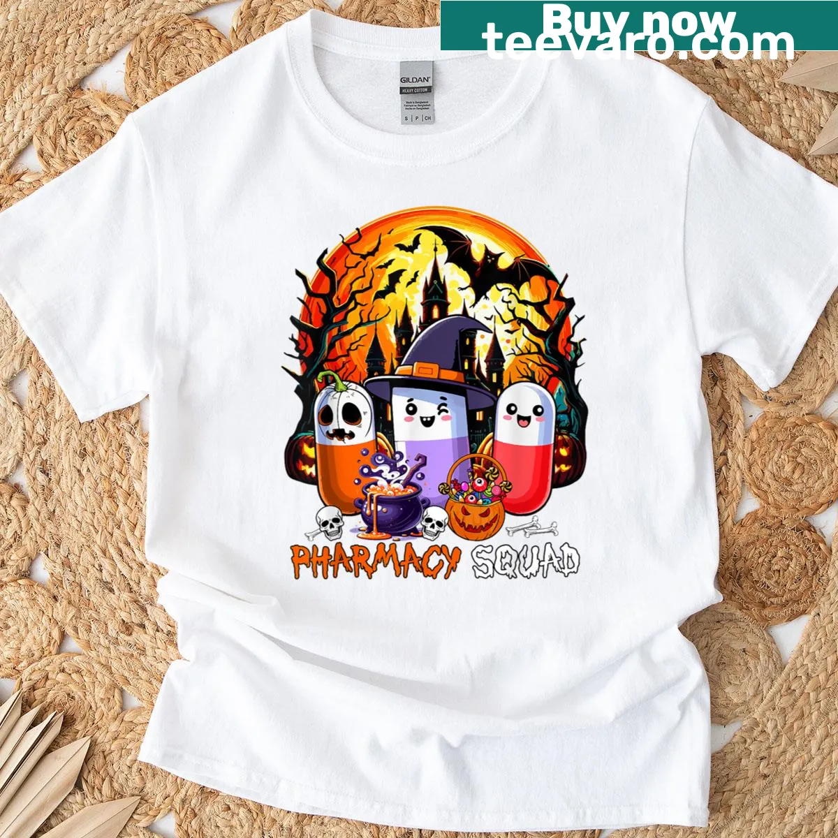 Cartoon design T-shirt with pills and witch hat for pharmacists. — on a men's t-shirt