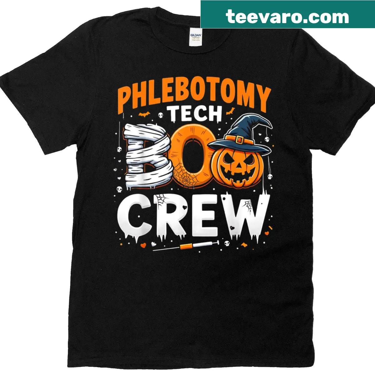 Funny Halloween shirt for phlebotomists with a blood draw theme — on a men's t-shirt