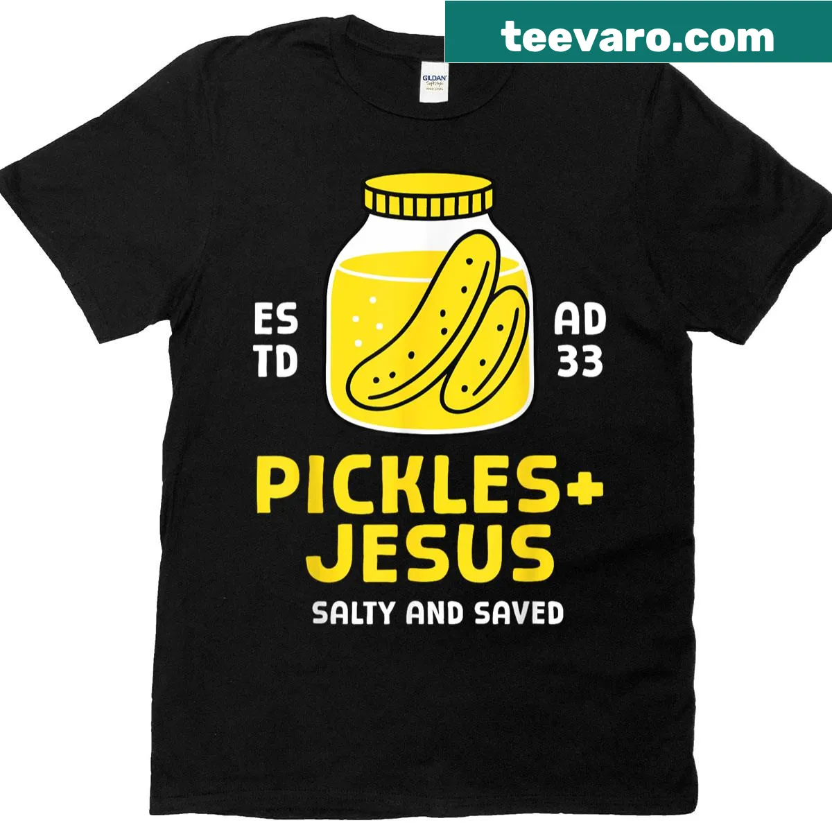 Funny Christian T-shirt with 'Pickles And Jesus Salty And Saved' text — on a men's t-shirt