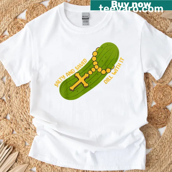 Playful design featuring pickles and religious themes in typography.