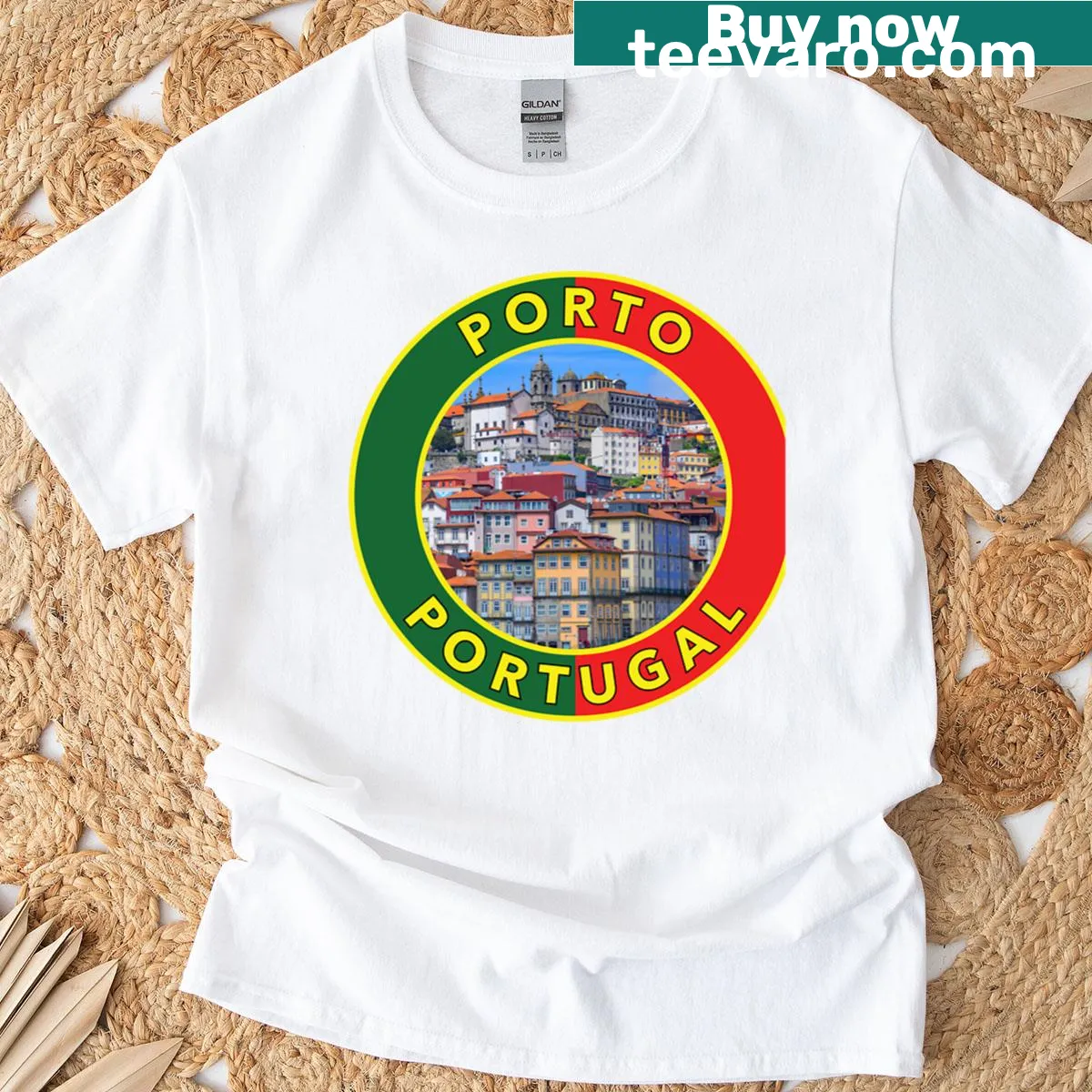 Round emblem T-shirt representing Porto, Portugal — on a men's t-shirt