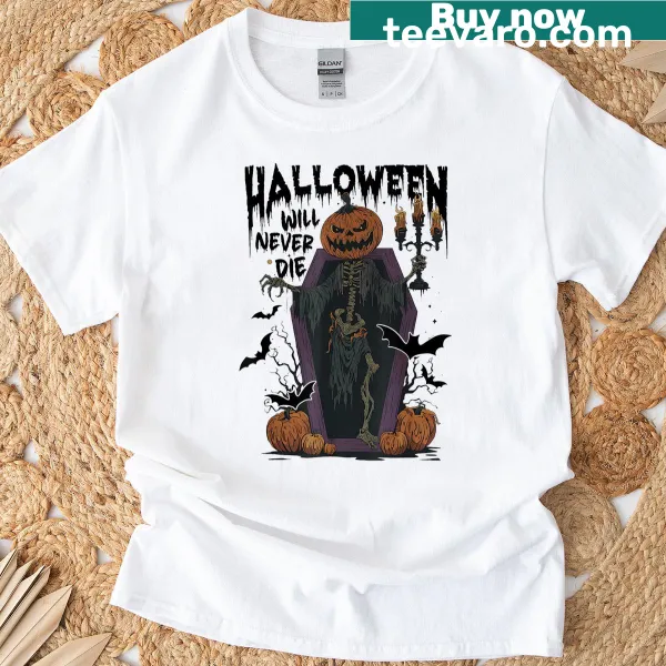Illustration of a pumpkin skeleton on a Halloween T-shirt.
