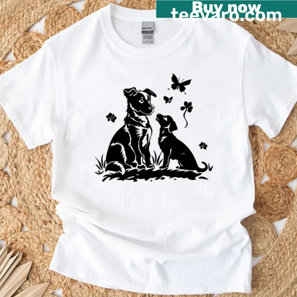 Cute T-shirt with a puppy and dog surrounded by butterflies