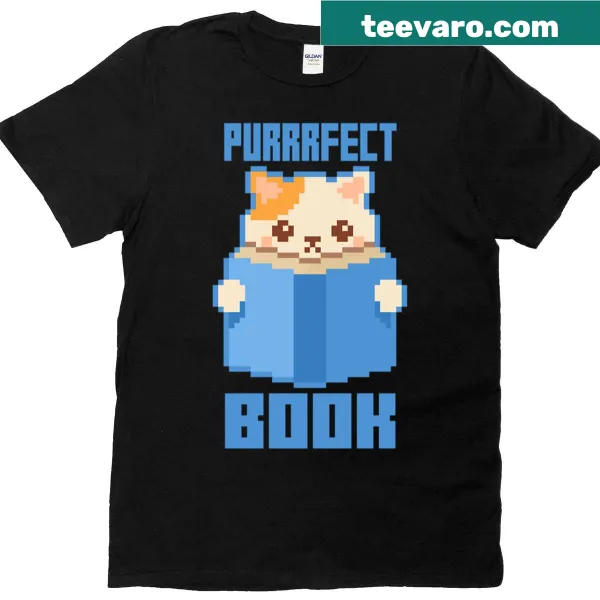 Pixel art t-shirt featuring a cat surrounded by books, perfect for book lovers.