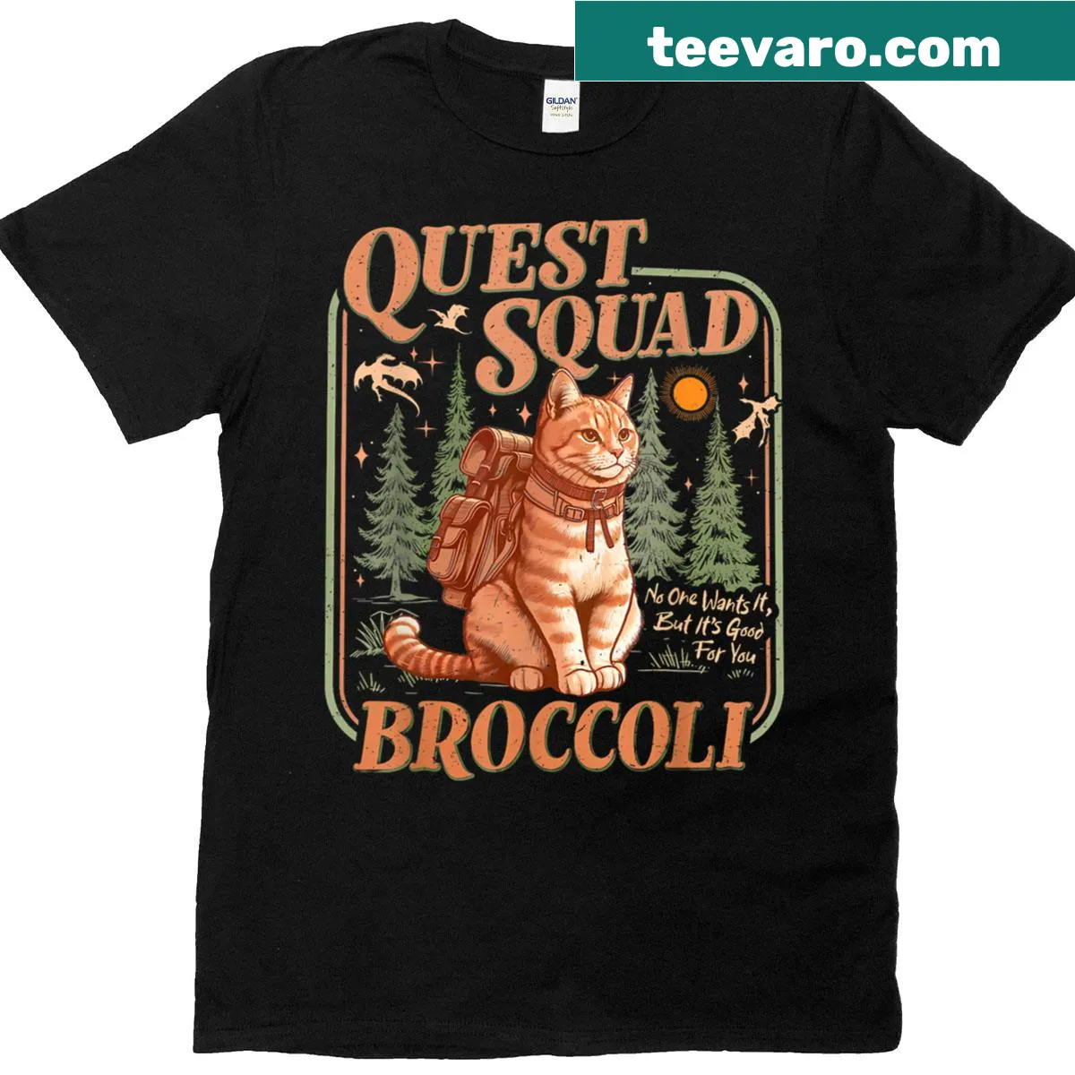 Cartoon broccoli kitten on a quest t-shirt with whimsical design — on a men's t-shirt