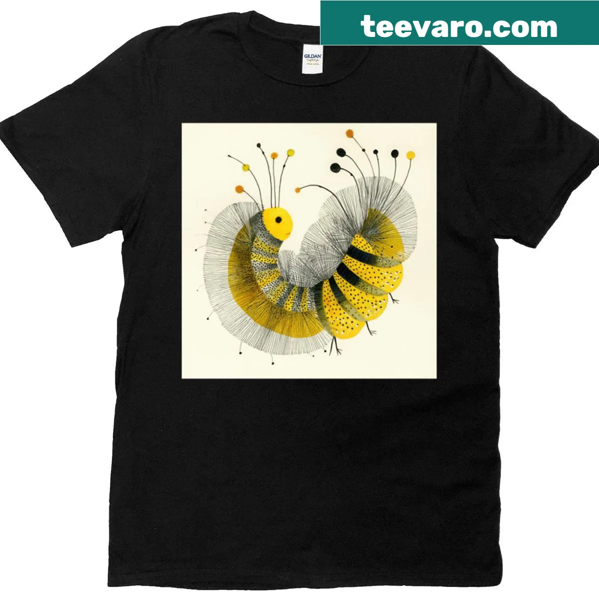 Abstract illustration T-shirt featuring a yellow and black wooly caterpillar — on a men's t-shirt