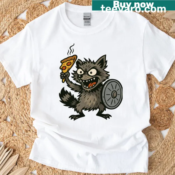 Funny T-shirt featuring raccoons creating pizza mayhem