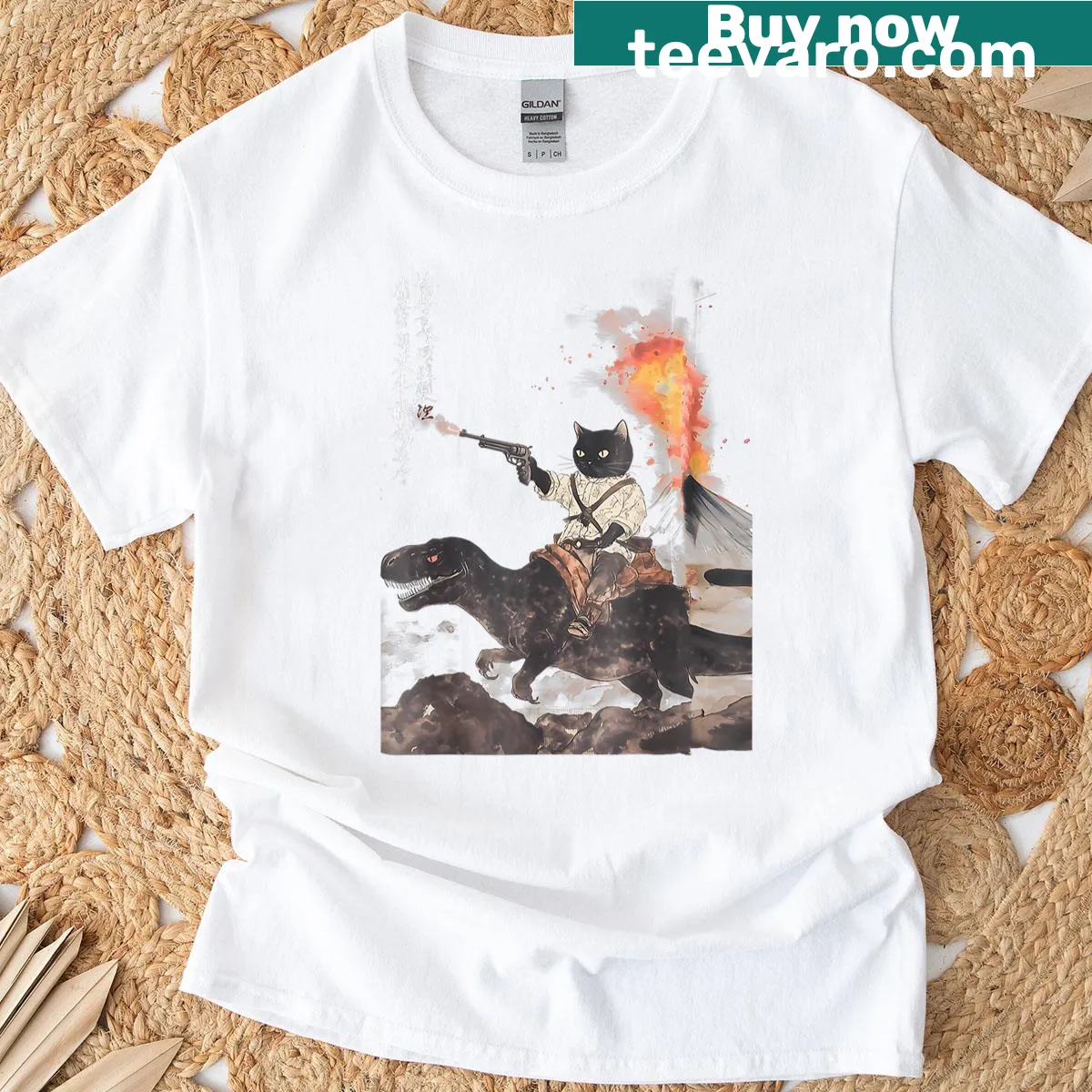 Retro calligraphy cat dinosaur design with volcanic eruption illustration — on a men's t-shirt